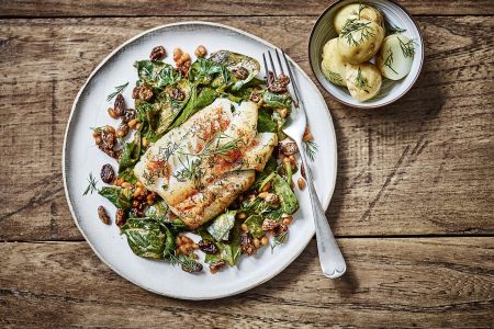 cod with spinach, pine nuts & raisins