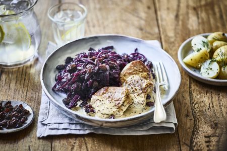mustard pork with pickled red cabbage